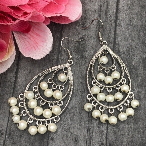 🌼 Pearl Large Teardrop Statement Silver Dangle Earrings - Picture 1 of 2